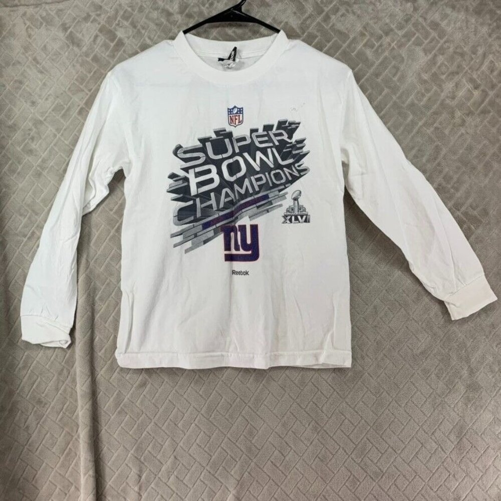 Reebok Boys M T Shirt White Long Sleeve NY Giants Super Bowl XLVI Champs